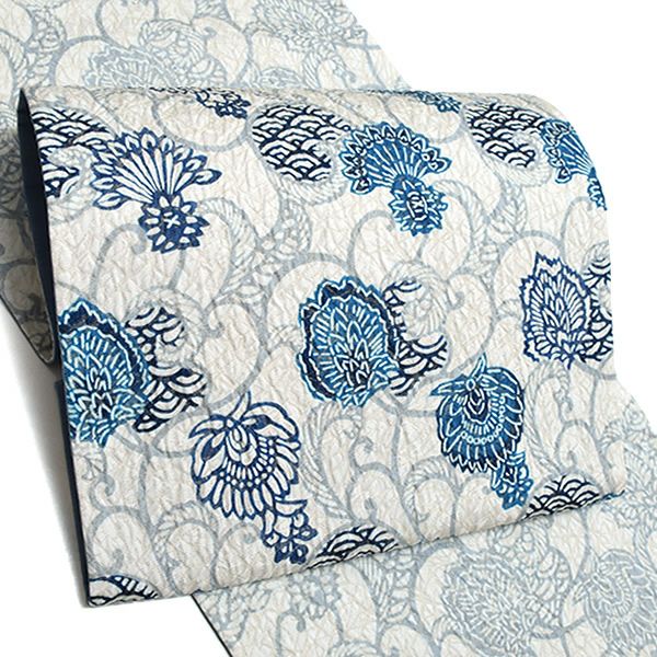 洒落袋帯「ブルー 薊唐草」未仕立て 正絹帯 和染紅型  栗山吉三郎