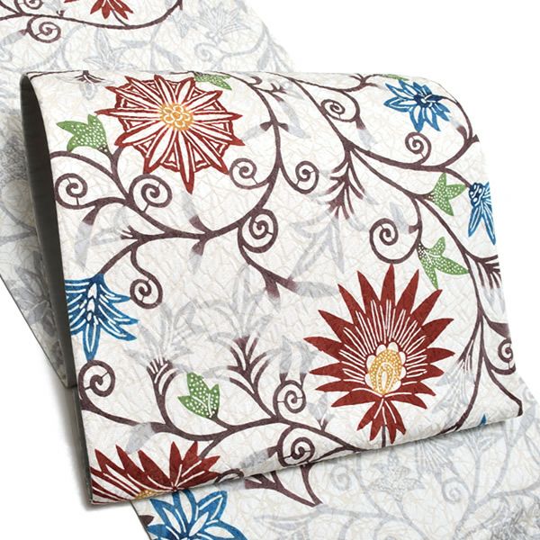 洒落袋帯「ブラウン 更紗」未仕立て 正絹帯 和染紅型  栗山吉三郎