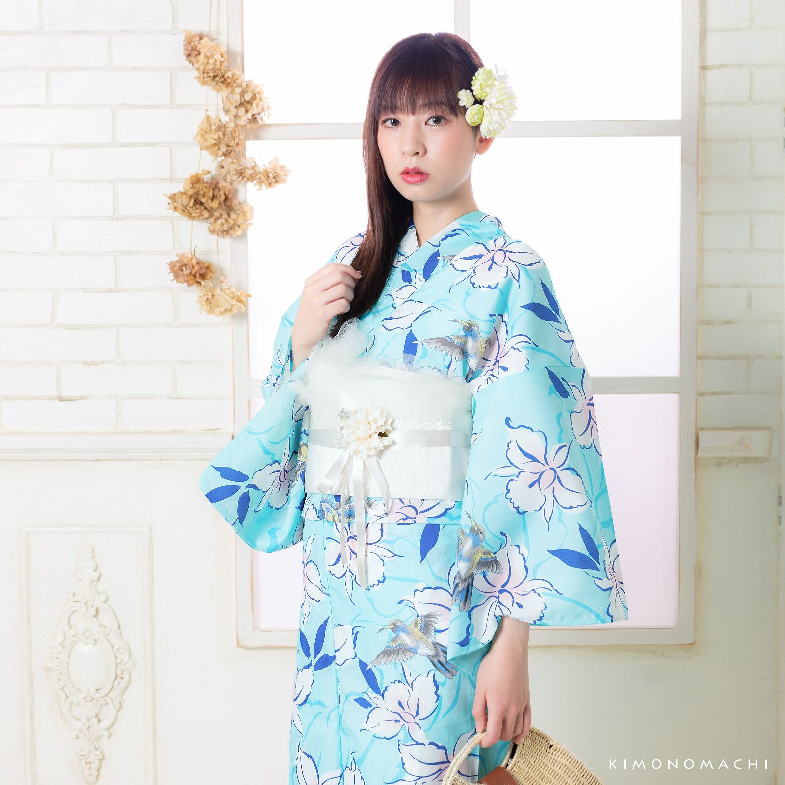 Prices down】女性浴衣「水色 ハチドリと花」フリーサイズ 夏祭り