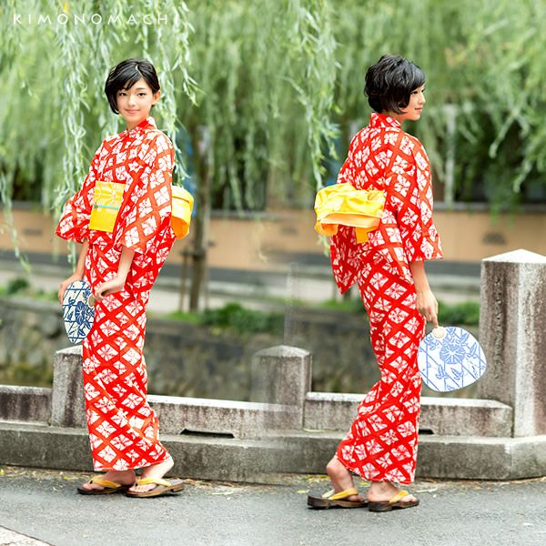 女性浴衣セット「赤色に菱形 絞り風」フリーサイズ 夏祭り、盆踊りに