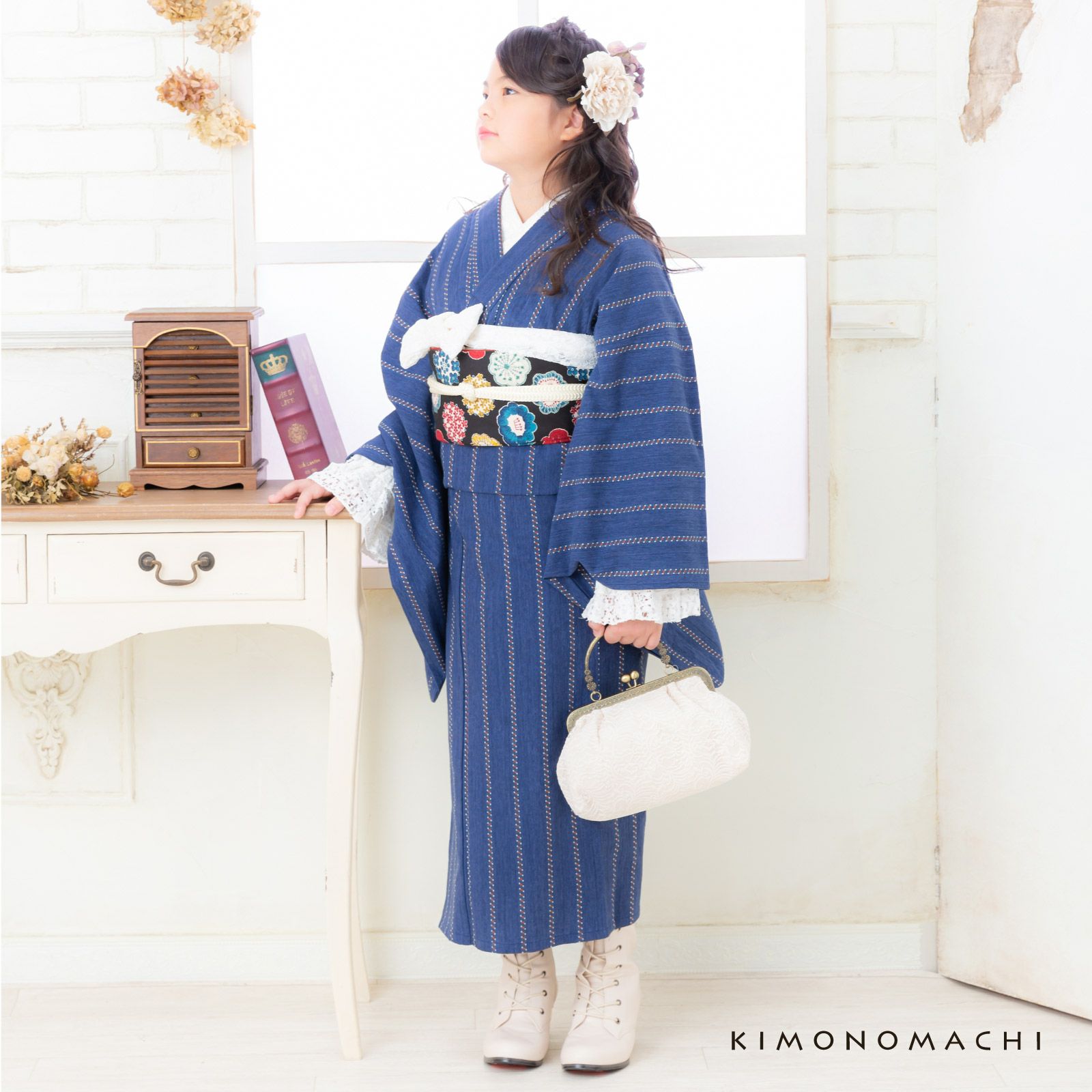 Prices down3】こども木綿着物「紺色チロリアン」120cm、130cm、140cm