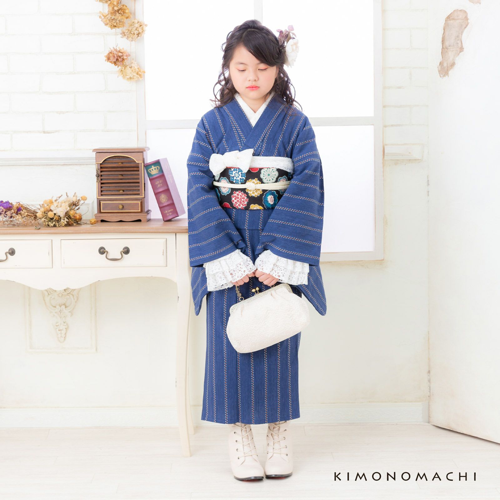 Prices down3】こども木綿着物「紺色チロリアン」120cm、130cm、140cm