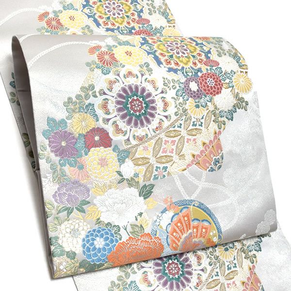 礼装袋帯「白色 笠に華文、丸に蝶」未仕立て 京都西陣 六通柄 訪問着、色留袖、付け下げに 礼装帯