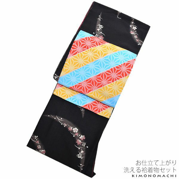 紬風袷着物、京袋帯セット「黒色 吹き寄せ」Lサイズ 小紋 お仕立て上がり着物 プレタ 洗える着物セット