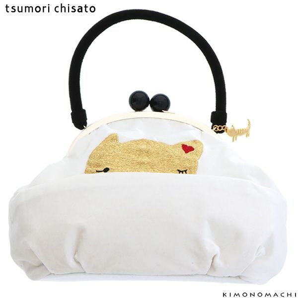 ツモリチサトがま口バッグ「白×ゴールド　猫」ベルベット ベロア 卒業式の袴に ブランドバッグ 振袖バッグ