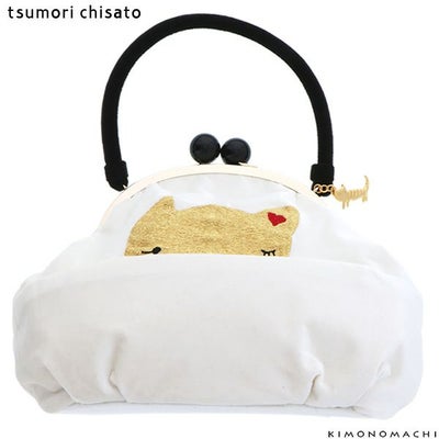 Prices down4】ツモリチサトがま口バッグ「白×ゴールド 猫」ベルベット 