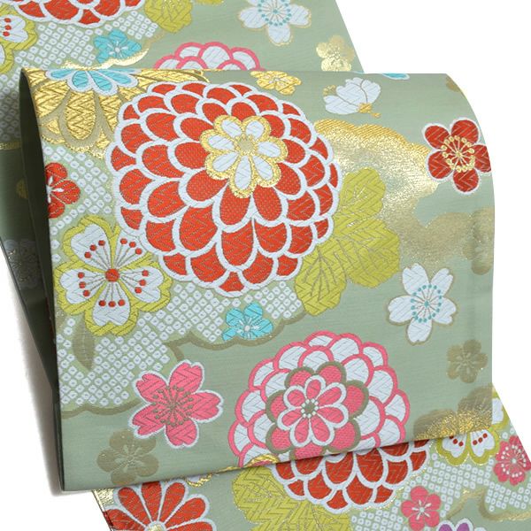 振袖袋帯「白緑色　雲に菊花」未仕立て 京都西陣 六通柄  西陣織