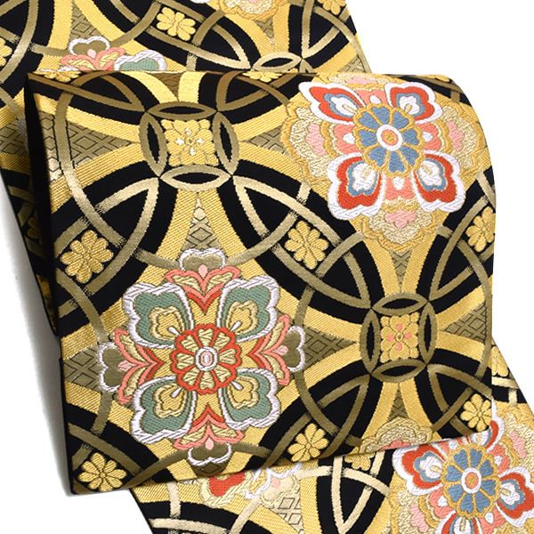 振袖袋帯「黒色　七宝菱華文」未仕立て 京都西陣 六通柄  西陣織