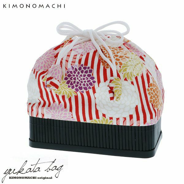 竹籠 巾着単品「赤色　ストライプに菊」京都きもの町 浴衣巾着 巾着バッグ 夏祭り、花火大会に