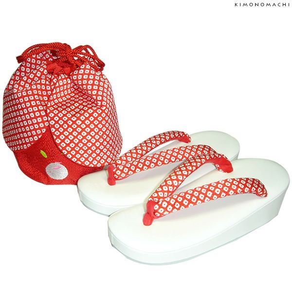 七五三 巾着、草履セット「赤色鹿の子、雪うさぎの刺繍」16.5cm、18cm、21cm 日本製 七五三小物セット ひな祭り、桃の節句 No.927赤
