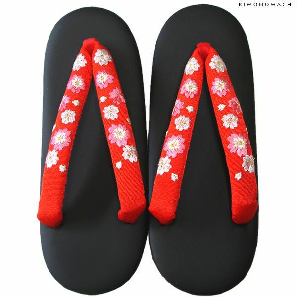 七五三 草履単品「赤×黒色　桜の刺繍」16.5cm、18cm、21cm 日本製 七五三草履 ひな祭り、桃の節句 No.933赤