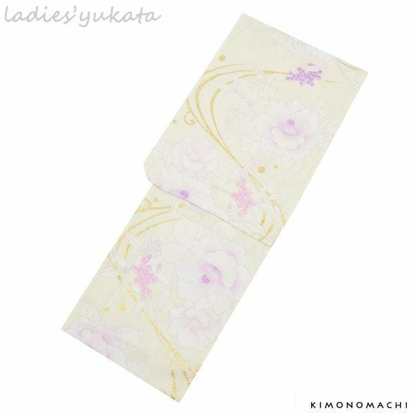 変わり織り 女性浴衣単品「ライムイエロー　流水に椿、南天」ボヌールセゾン お仕立て上がり浴衣 フリーサイズ 女性浴衣 （6P-47）