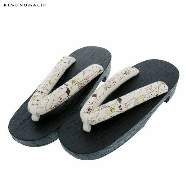 女性 下駄単品「白色　町並み」フリーサイズ（Lサイズ）、LLサイズ 夏祭り、花火大会、夏フェス 浴衣下駄 婦人下駄