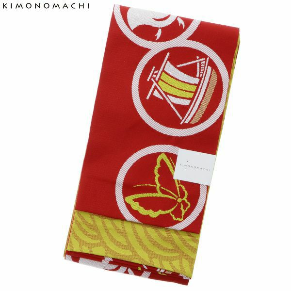 京都きもの町オリジナル 浴衣帯単品「赤色　丸紋」小袋帯 細帯 四寸 日本製 ＜17浴衣帯12＞