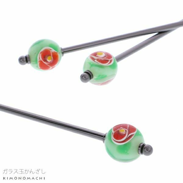 ガラス玉 かんざし「グリーン×赤色椿」簪 浴衣髪飾り 髪飾り 浴衣かんざし