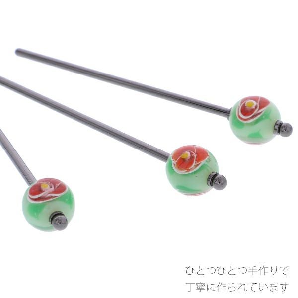 ガラス玉 かんざし「グリーン×赤色椿」簪 浴衣髪飾り 髪飾り 浴衣