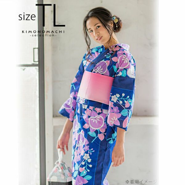 Prices down2】TLサイズ 浴衣単品「紺色 矢絣縞に橘」女性浴衣 プレタ
