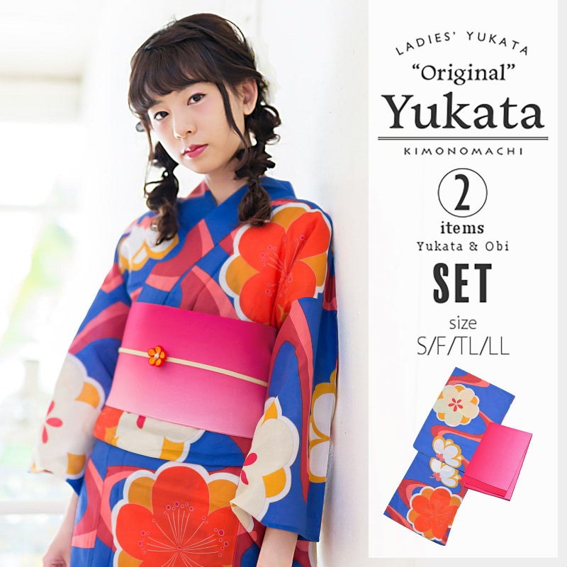 浴衣 レディース 浴衣と帯の2点セット「ウルトラマリン　流水に梅」S/F/TL/LL きもの町オリジナル 綿浴衣 プレタ お仕立て上がり 可愛い 個性的 レトロモダン 女性用 女性浴衣 ゆかた yukata