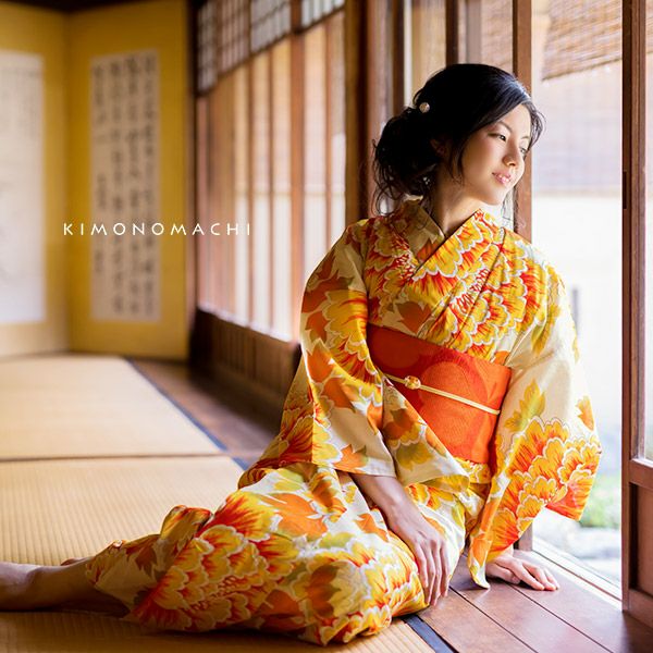 京都きもの町オリジナル浴衣2点セット「オレンジイエロー 大牡丹」S