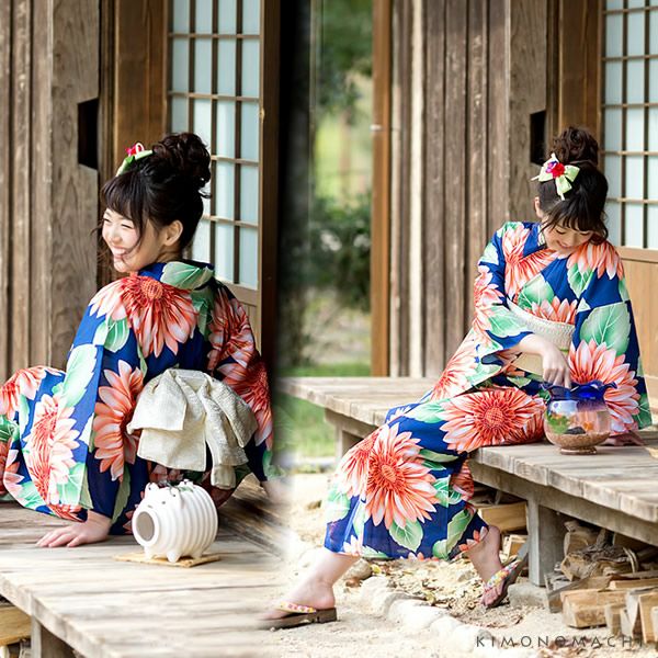 Prices down2】京都きもの町オリジナル浴衣単品「藍色 ひまわり」S、F