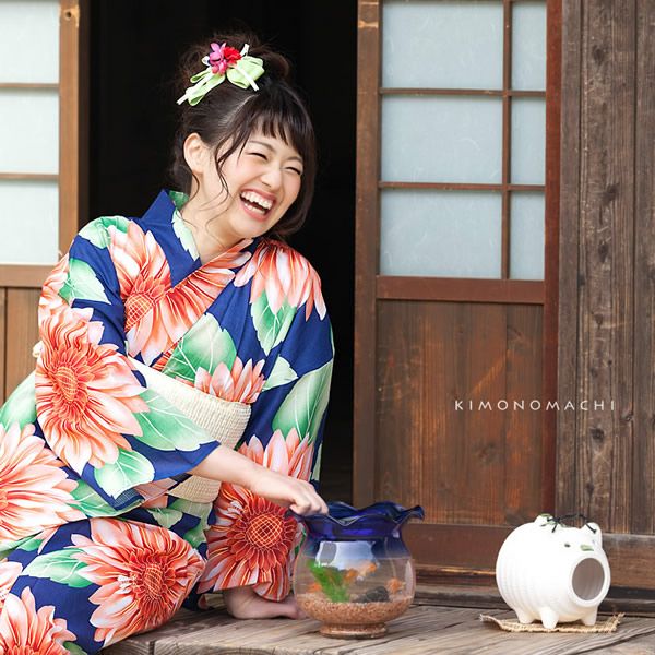 京都きもの町オリジナル浴衣単品「藍色 ひまわり」S、F、TL、LL 夏祭り