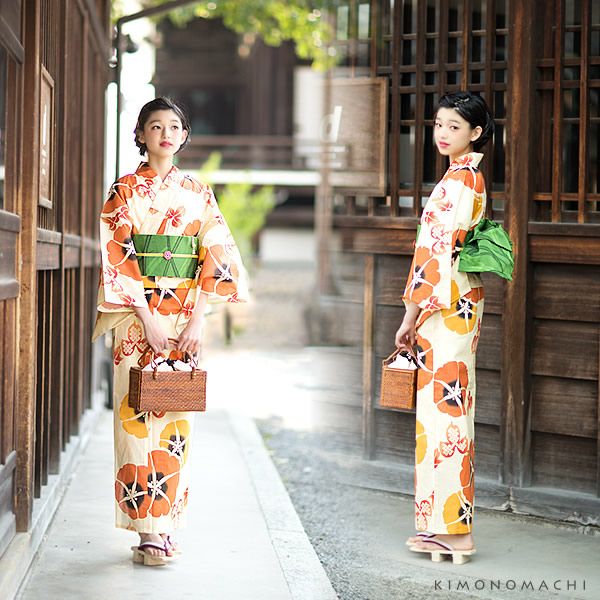 Prices down2】京都きもの町オリジナル浴衣単品「橙色 朝顔」S、F、TL