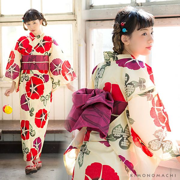 京都きもの町オリジナル浴衣2点セット「赤色 朝顔」S、F、TL、LL 夏
