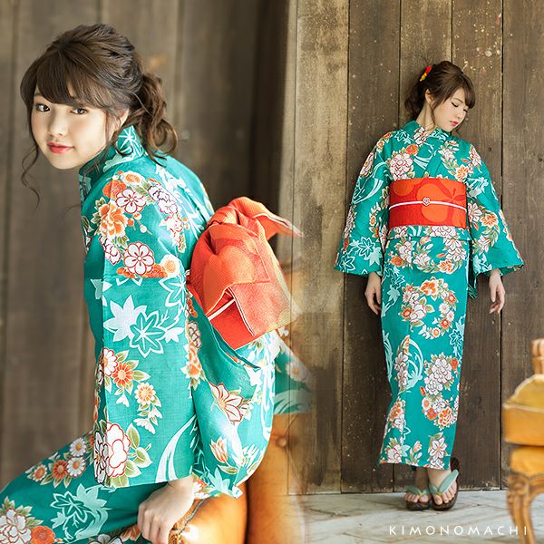 京都きもの町オリジナル浴衣単品「青緑色 花の丸紋」S、フリー、TL、LL
