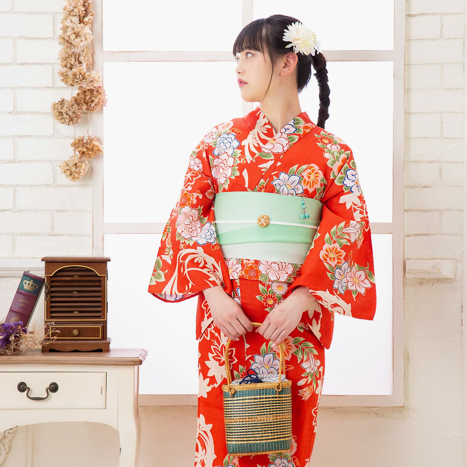 Prices down】京都きもの町オリジナル浴衣単品「朱赤色 花の丸紋」S