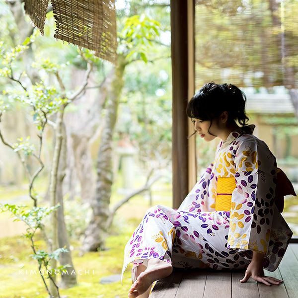 京都きもの町オリジナル浴衣単品「紫×からし 萩」S、フリー、TL、LL 綿