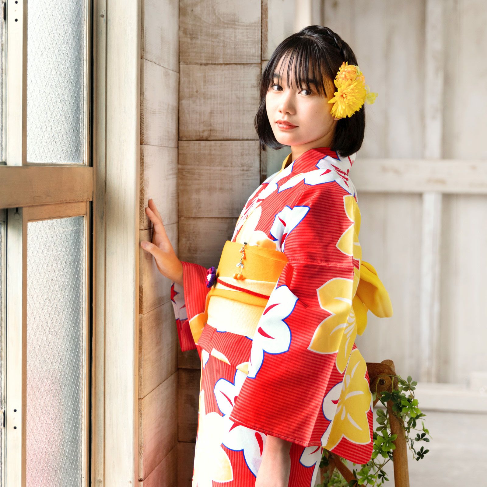 京都きもの町オリジナル浴衣単品「赤色 鉄線」S、フリー、TL、LL 女性