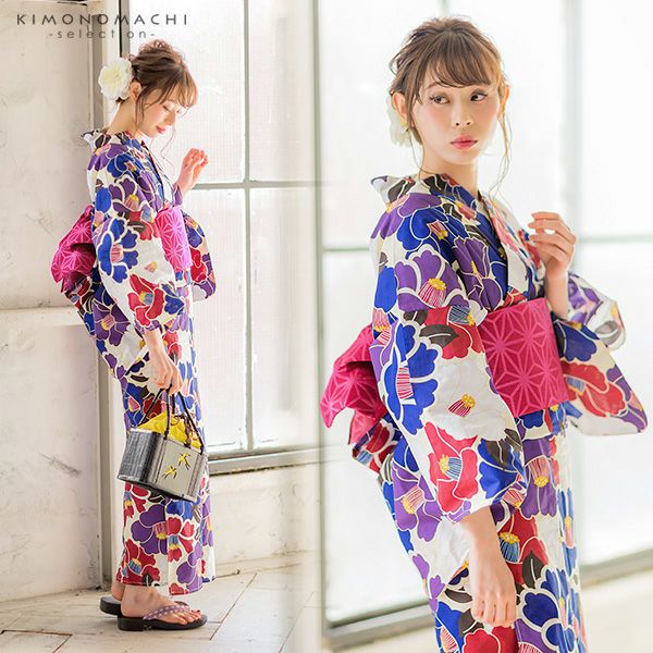 女性浴衣3点セット「ブルー×パープル 椿」女性浴衣セット レディース