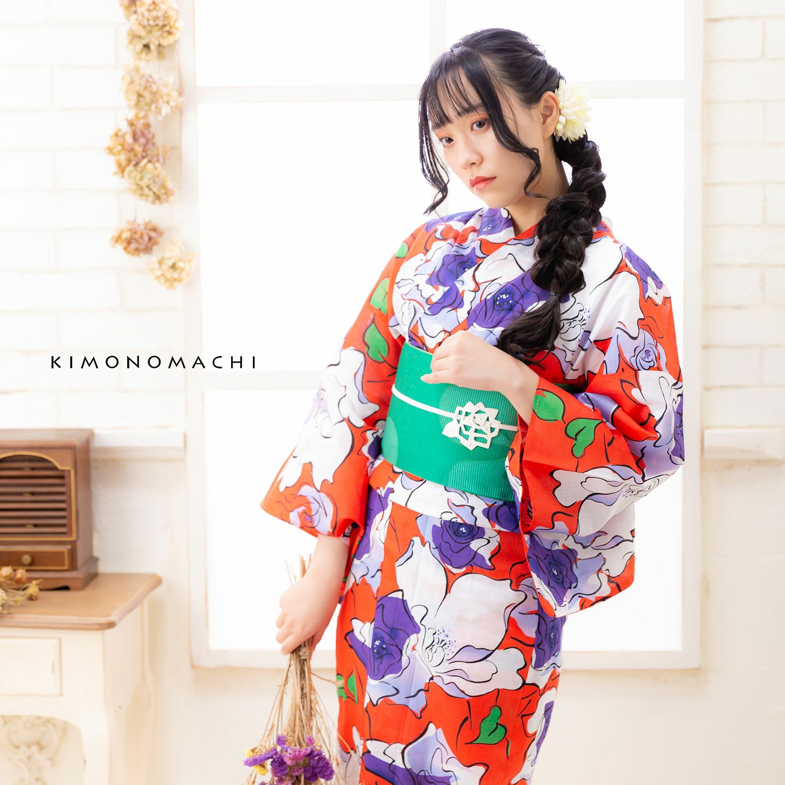 Prices down2】京都きもの町オリジナル浴衣単品「オレンジレッド薔薇
