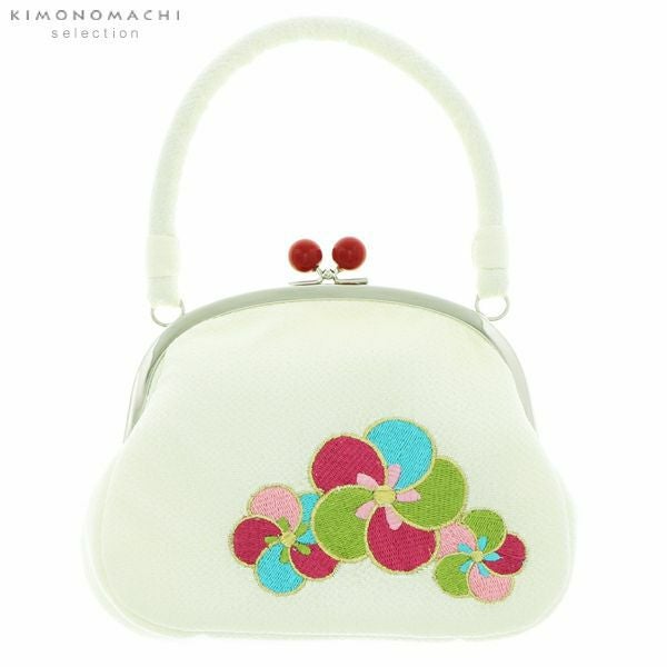 ちりめんがま口バッグ単品「白色　捻じ梅」七五三に 桃の節句、お正月にも 七五三小物 七五三バッグ 三歳の女の子に、七歳、五歳の女の子にも