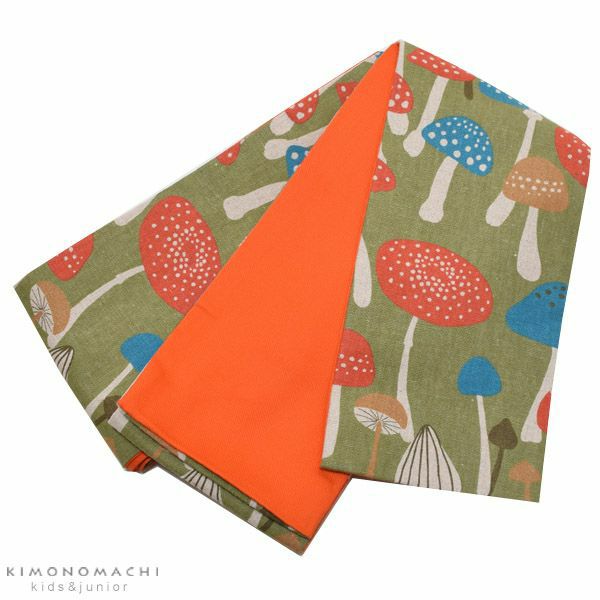 こども半幅帯「キノコ」リネンコットン半幅帯 子供帯 カジュアル  ジュニア、キッズ