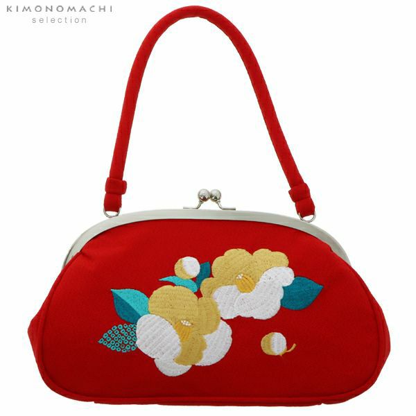 卒業式応援75％SALE 3/5迄)刺繍がま口バッグ単品「赤色 椿」振袖バッグ