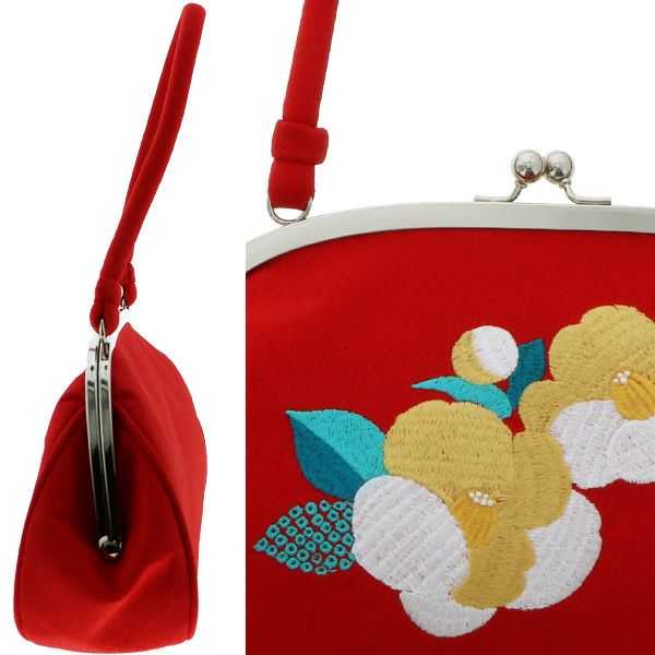 卒業式応援75％SALE 3/5迄)刺繍がま口バッグ単品「赤色 椿」振袖バッグ