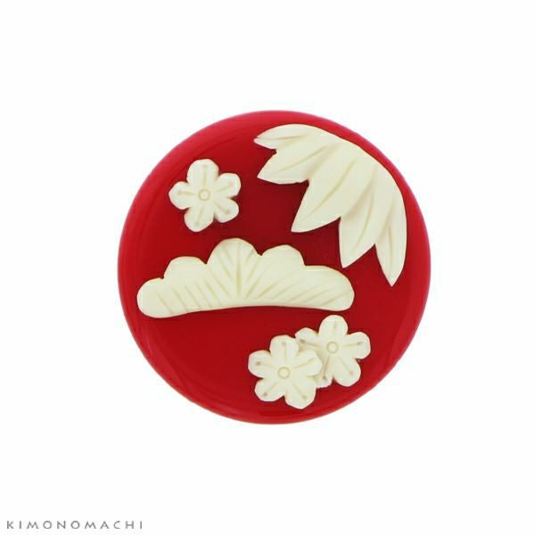 プレート帯留め「赤色　松竹梅」クリップ帯留め 和装小物   帯飾り KK-0722