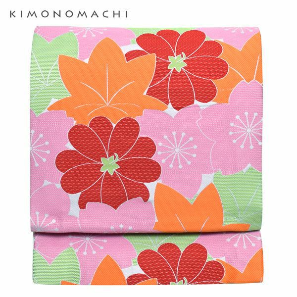 お仕立て上がり京袋帯「カラフル 桜と楓」全通柄 洒落帯 ポリエステル名古屋帯  カジュアル帯