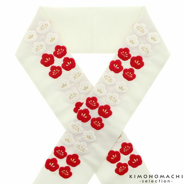 刺繍半衿「生成り　紅白市松小梅」刺繍半襟 洒落衿 華やか  振袖衿