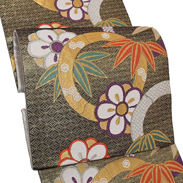 振袖袋帯「黒色　竹と梅」お仕立て上がり 振袖帯 六通柄 振袖に 礼装帯