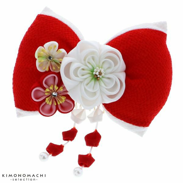 リボン髪飾り単品「赤×白色リボン、つまみのお花」袴髪飾り 成人式、前撮り、結婚式の振袖に リボンコーム  振袖髪飾り （TE18-03）