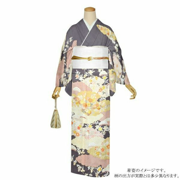 お仕立て上がり訪問着単品「鼠色　雲に吉祥草花」正絹着物 フォーマル 結婚式 パーティー 正絹訪問着