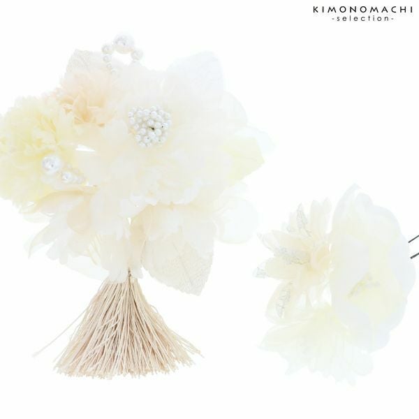 振袖髪飾り2点セット「白色のお花、パールビーズ」お花髪飾り 成人式、前撮り、結婚式の振袖に   振袖髪飾り （4022）