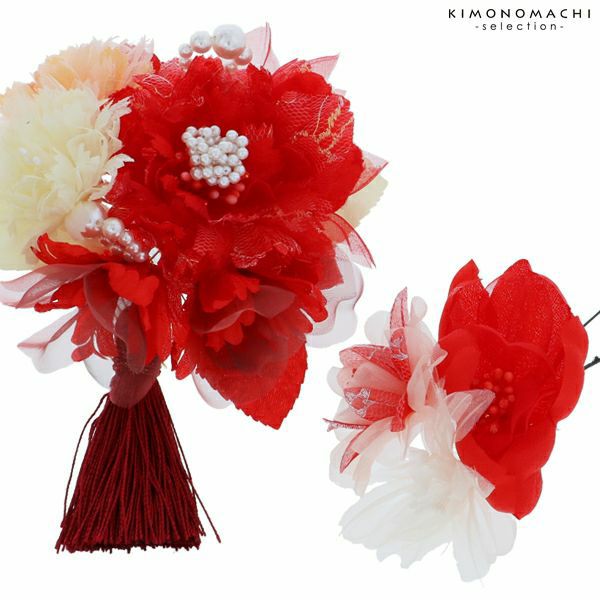 振袖髪飾り2点セット「赤色のお花、パールビーズ」お花髪飾り 成人式、前撮り、結婚式の振袖に   振袖髪飾り （4022）