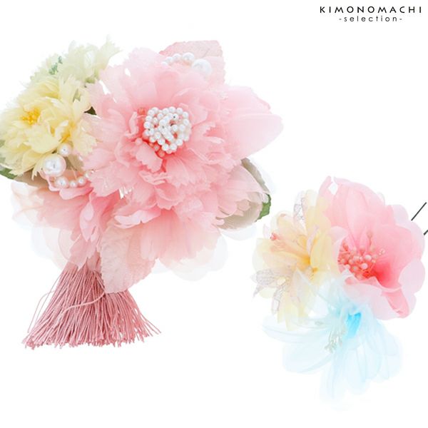 振袖髪飾り2点セット「ピンク色のお花、パールビーズ」お花髪飾り 成人式、前撮り、結婚式の振袖に   振袖髪飾り （4022）