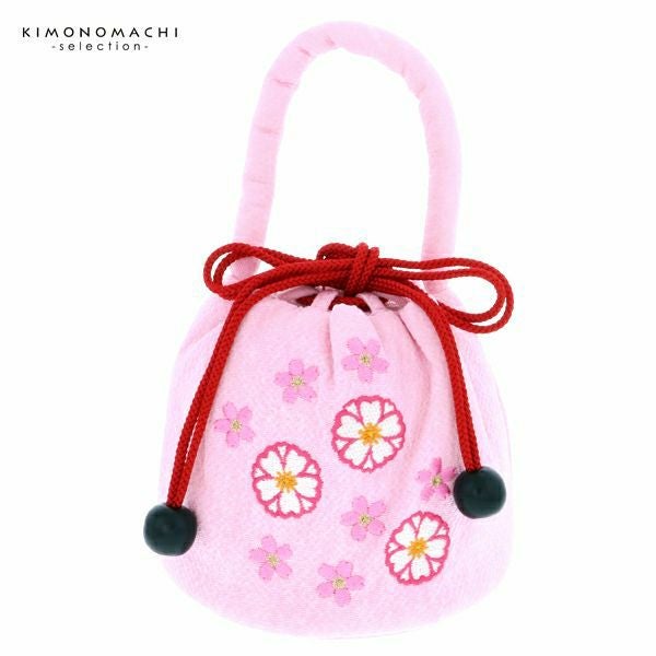 七五三巾着単品「ピンク　お花の刺繍」桃の節句、ひな祭り 刺繍巾着 3歳、5歳のお子様に  巾着バッグ