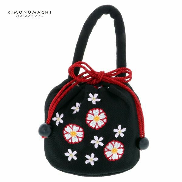 七五三巾着単品「黒色　お花の刺繍」桃の節句、ひな祭り 刺繍巾着 3歳、5歳のお子様に  巾着バッグ