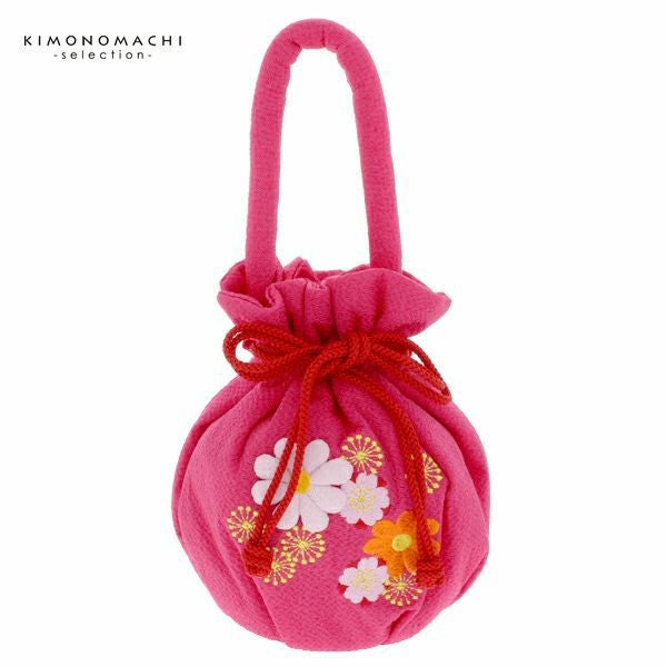 七五三巾着単品「ラズベリーピンク　お花の刺繍、押絵」桃の節句、ひな祭り 刺繍巾着 3歳、5歳のお子様に  巾着バッグ