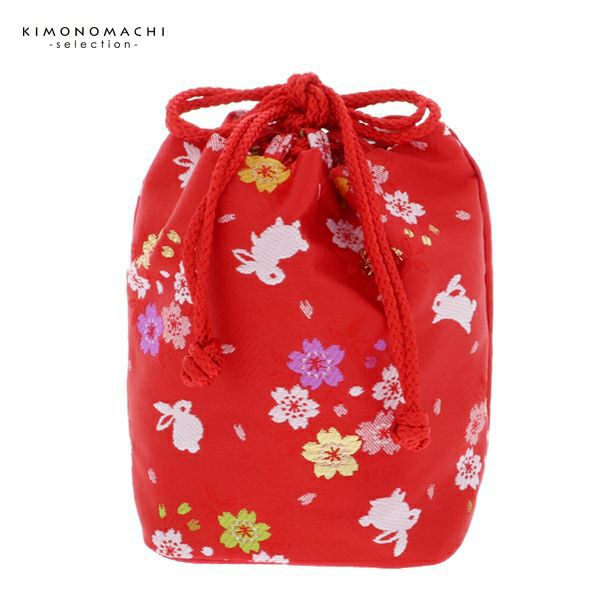 七五三巾着単品「赤色　桜とうさぎ」桃の節句、ひな祭り 金襴   巾着バッグ